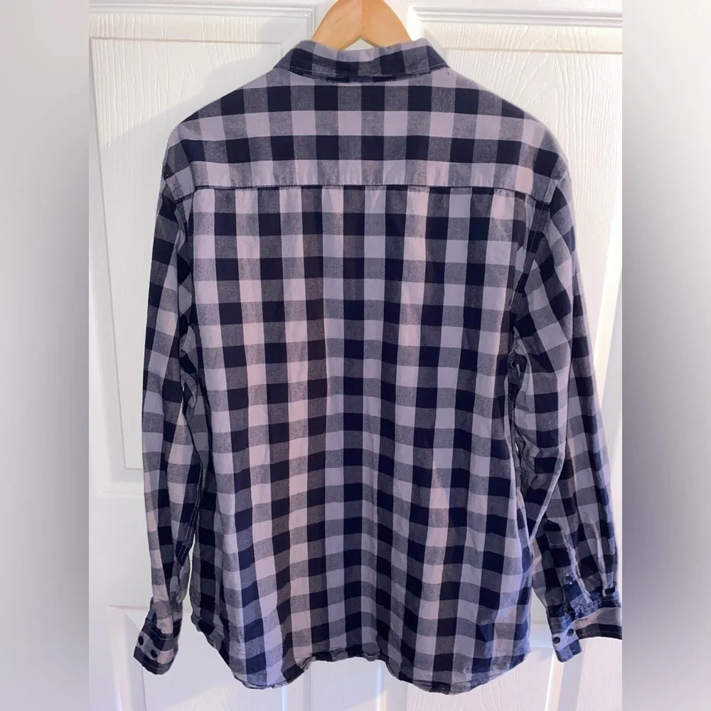Kenneth Cole Navy Blue Gray Buffalo Check Button Down Long Sleeve Shirt Men’s XL